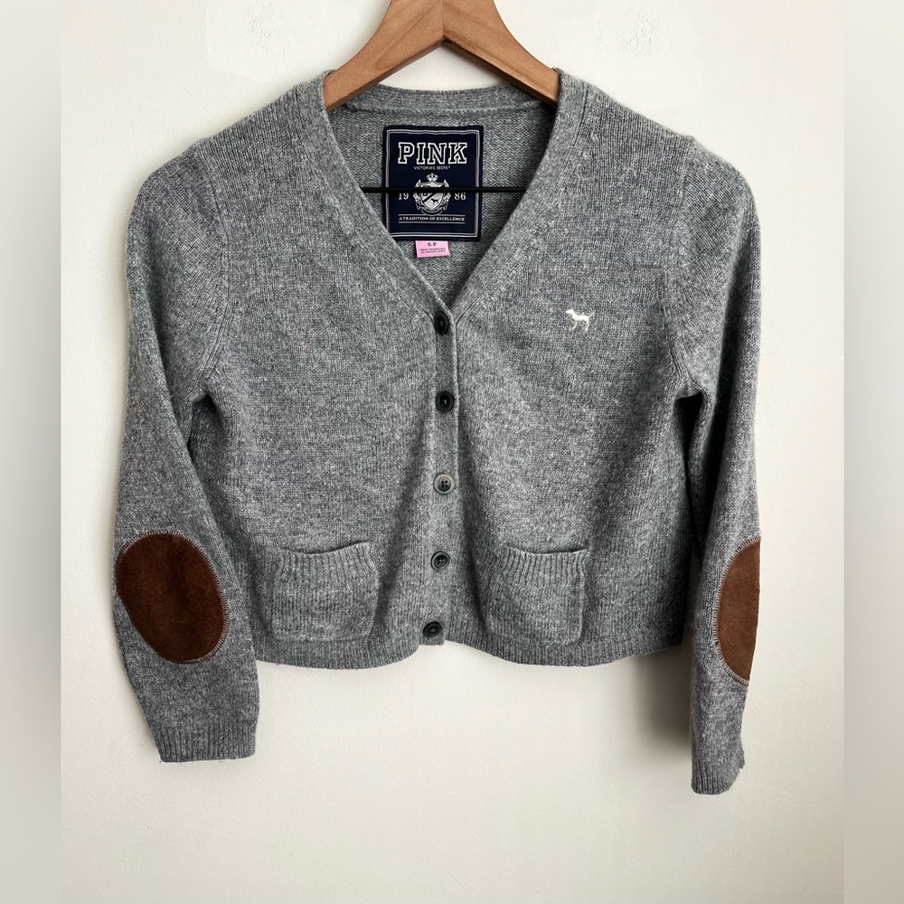 Pink Victorias Secret Cropped Gray Rabbit Hair Cardigan Sweater elbow patch Y2K
